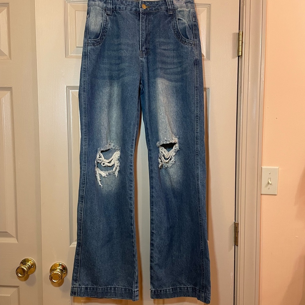 Fashion Nova Blue Flare Wide Leg Distressed and Faded Jeans, Size 7